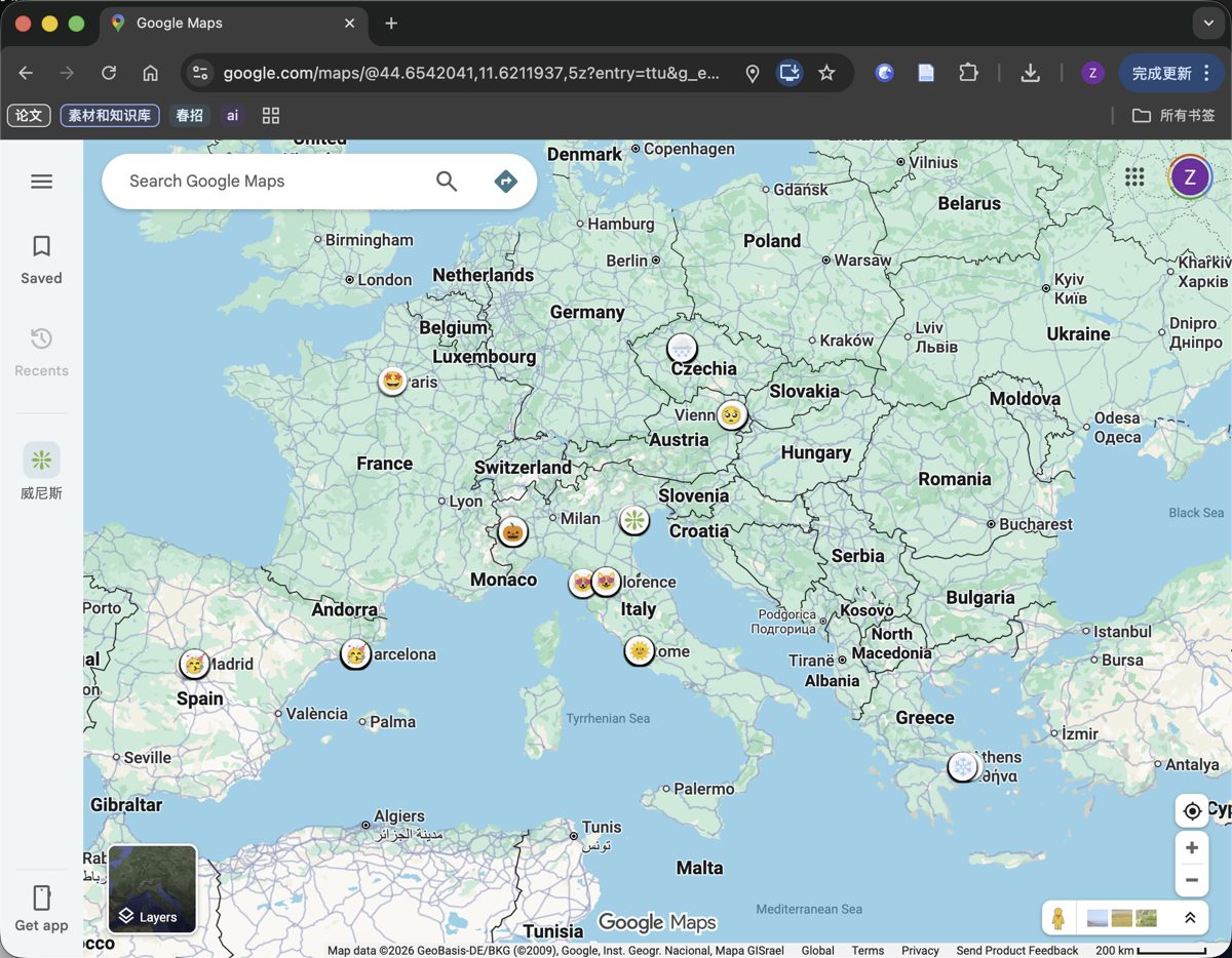 Google Maps 里收藏的欧洲旅行地点